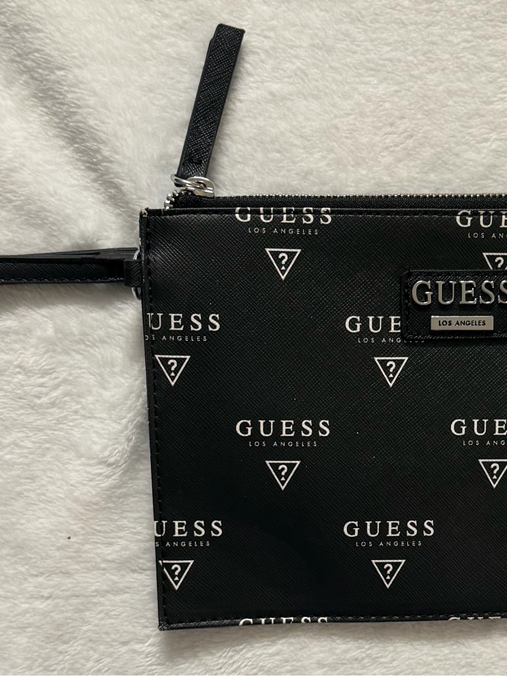 GUESS Black Logo Wristlet Pouch with Repeat Print